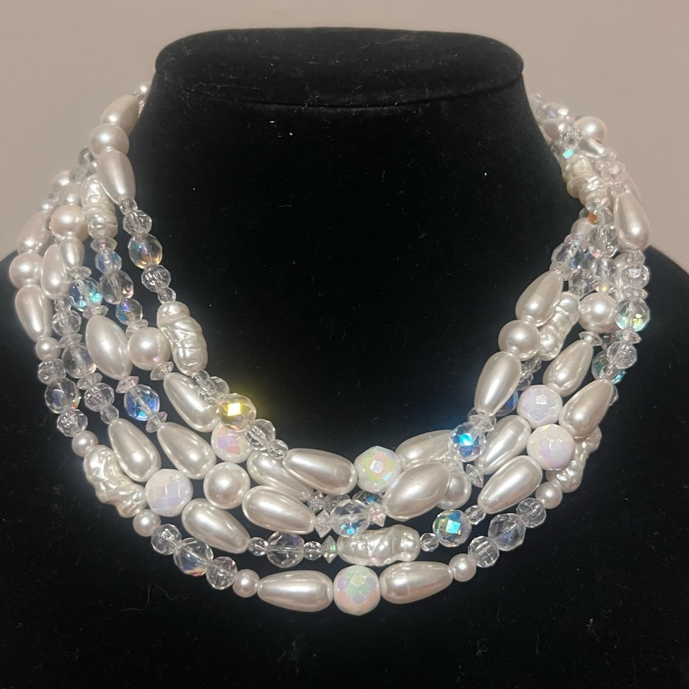 Five Strand AB Crystal White Faux Pearl Vintage Choker